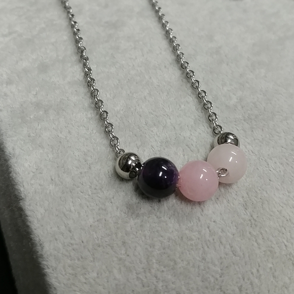 Rose Quartz Amethyst Three Bead Necklace Natural Gemstone Crystal StainlessSteel - Picture 11 of 14